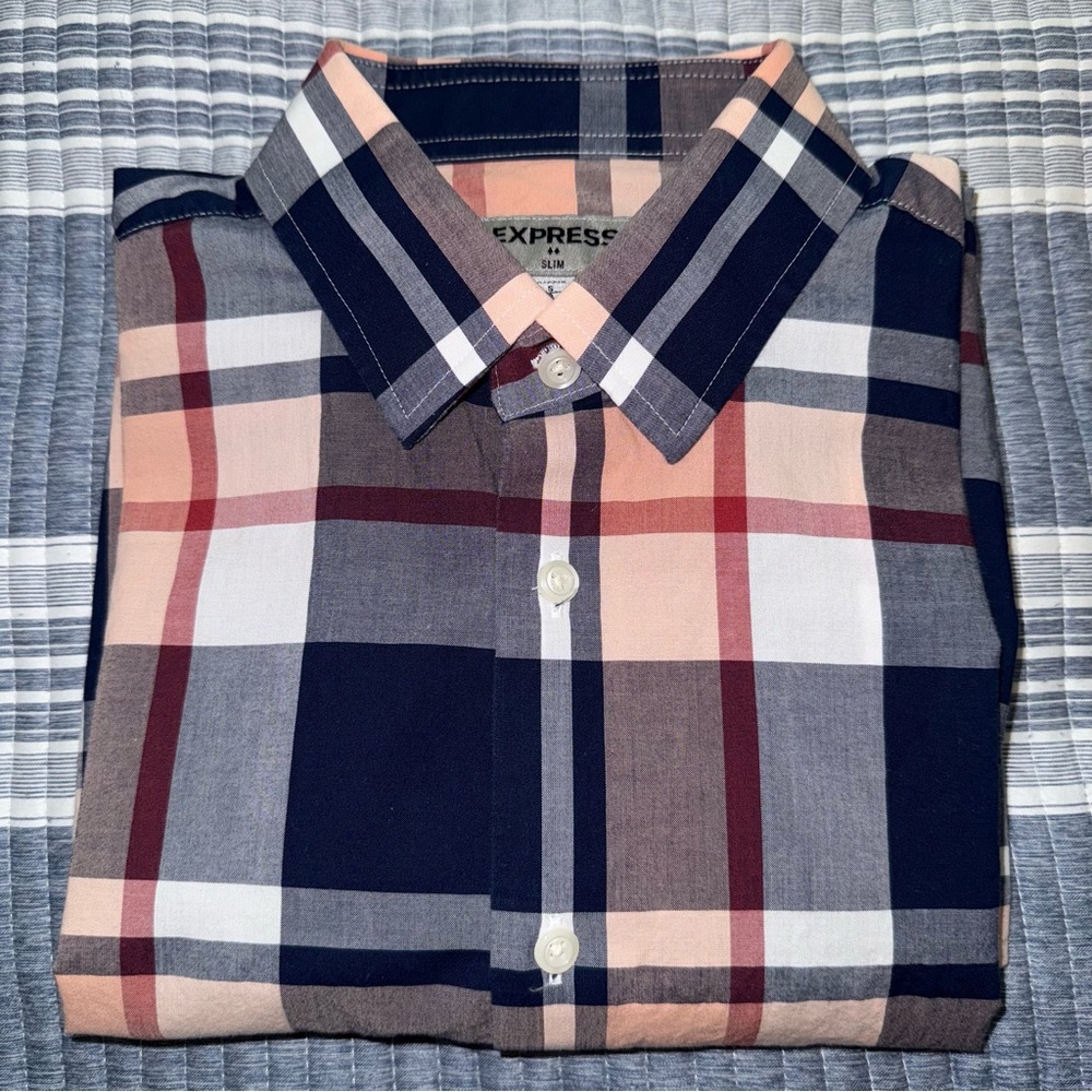 Express Men’s Slim Fit Long Sleeve Button-Up Shirt Size S – Peach Navy Plaid
